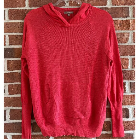 Lilla P Coral Red Knit Hoodie Sweater Women’s Medium Long Sleeve Pullover - Picture 1 of 7